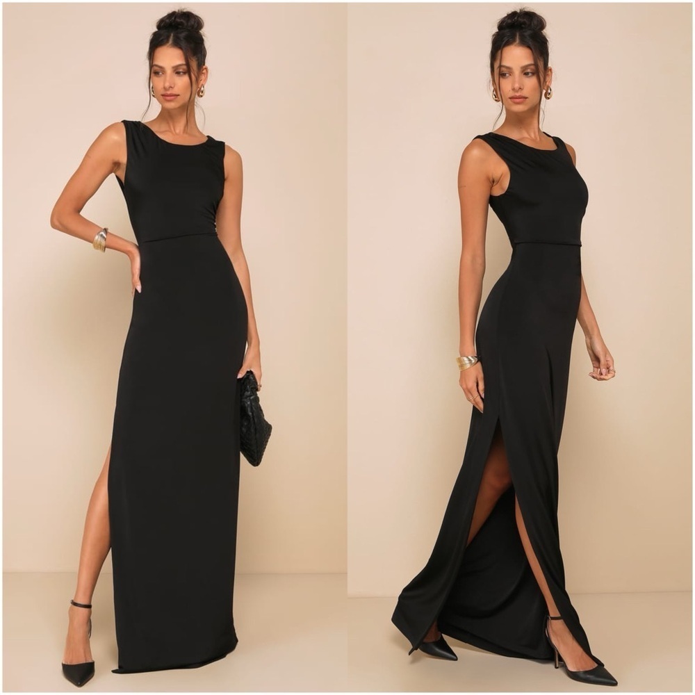 LULU’S Significant Allure Black Slinky Knit Ruched Maxi Dress